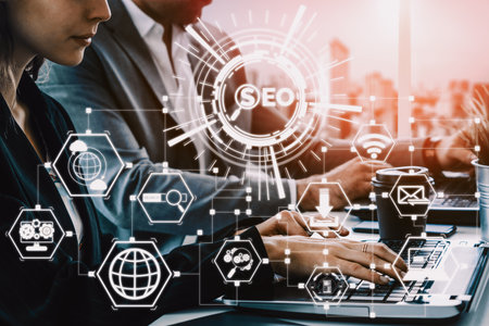 SEO - Search Engine Optimization for Online Marketing Concept. Modern interface showing symbol of keyword research website promotion by optimize customer searching and analyze market strategy. udsの写真素材