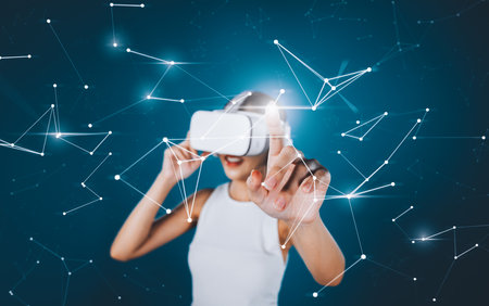 Female stand wear white VR headset and white sleeveless connect metaverse, future technology create...
