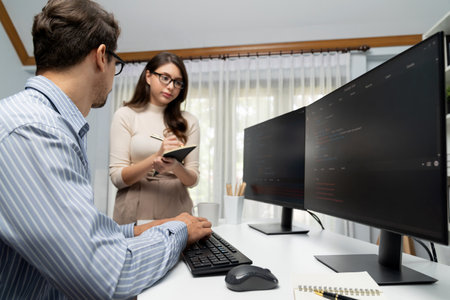 Team skilled developers program thinking newest coding creative website planning software project on...