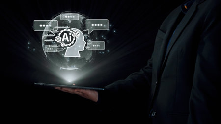 Human interact with AI artificial intelligence brain processor in concept of AI artificial...