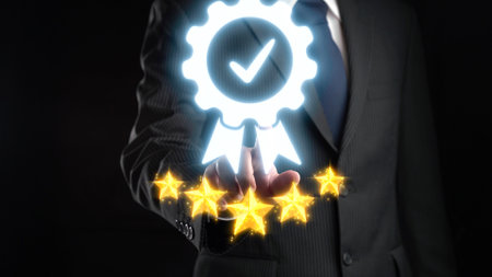 Business person secures product certification, marking a key achievement. Demonstrates commitment to quality and trustworthiness by having product certification passed. EIDEの写真素材