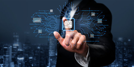 Human interact with AI artificial intelligence brain processor in concept of AI artificial...