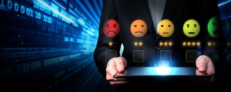 Business person analyzes customer experience satisfaction review data, striving to improve service...