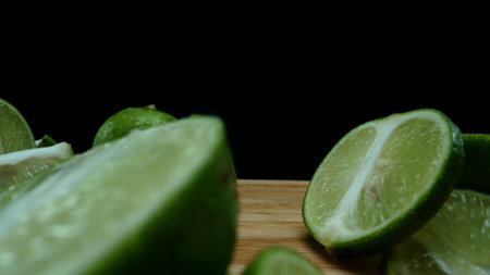 Close-up, a vibrant slice of fresh lime rests upon a rustic wooden cutting board, exuding freshness and vitality. The translucent membranes of the green lime slice placed on cutting board. Comestible.の写真素材