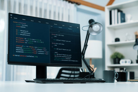 Programming code on computer screen desktop placing on working desk showing intelligent website...
