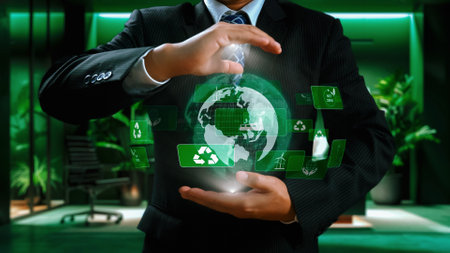 Business person implements green strategies, promoting sustainable growth. Discover how businesses...