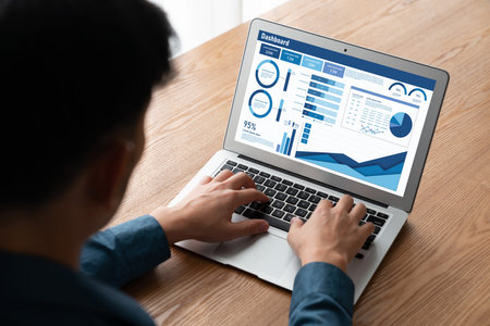 Business data dashboard provide business intelligence analytic for marketing strategy planning snugly with big data set to analyze customer demands and foreseeing business futureの写真素材