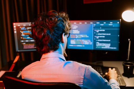 Working IT developer concentrating online software development information on surrounded by coding...