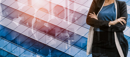 Double Exposure Image of Success Business People on abstract modern city background. Future business...