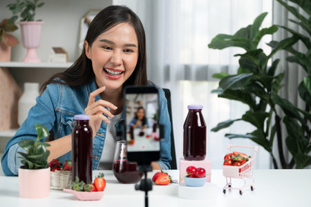 Smiling young beautiful Asian reviewing tasty mixed strawberry and cherry juice detox drinks, showing healthy product to promote for special promotion selling on social media online record. Stratagem.の写真素材