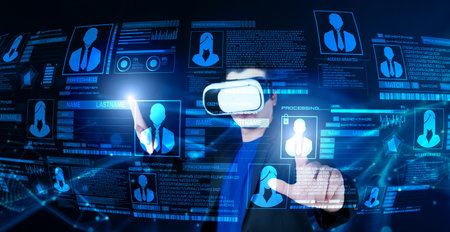 Manager wearing suit and VR glasses while accessing in security system. Business man connecting with...