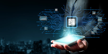 Human interact with AI artificial intelligence brain processor in concept of AI artificial...