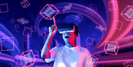 African man excited while playing game in metaverse and looking at shape. Smart player with casual...
