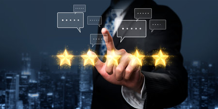 Business person analyzes customer experience satisfaction review data, striving to improve service...