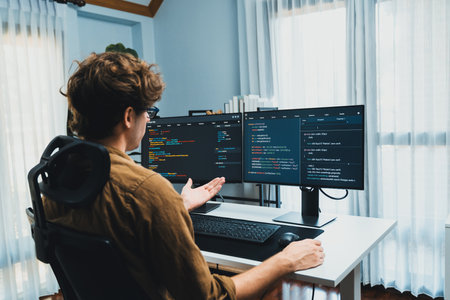 Working IT developer with stressful overworked in creating online software development coding on pc...