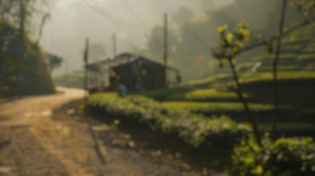 Blur background of rural tea farm pathway at sunrise. Tea field with roof made from wood. Landscape photography. Agricultural beginnings concept. Design for educational poster, greeting card. Spate.の写真素材
