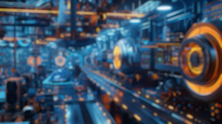 Blur background of industrial robotic arms on automated assembly line or production line in a...