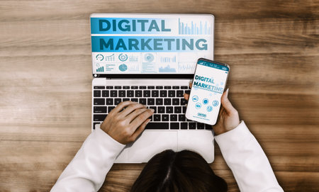 Digital Marketing Technology Solution for Online Business Concept - Graphic interface showing analytic diagram of online market promotion strategy on digital advertising platform via social media. udsの写真素材