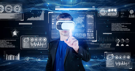 Smart business man with goggles working while using AI technology. Manager accessing at global...