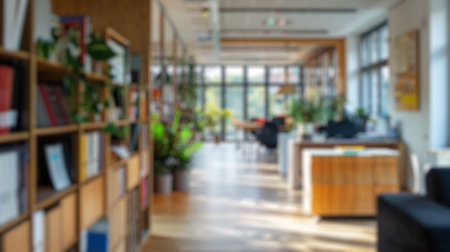 Blur background of traditional office setup with rows of desks and natural lighting. Corporate...