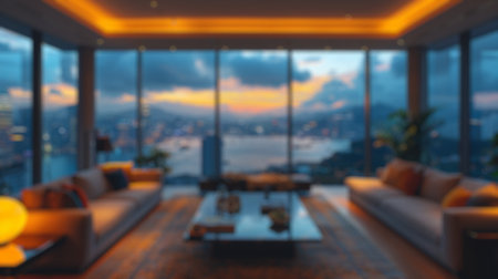 Blur background of luxurious living room with sofas, leather and window with skyscraper or city view...
