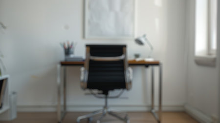 Blur background of vintage office with wooden desk, chair, and portrait on the wall. Retro workplace interior design with vintage furniture. Design for poster, wallpaper, banner, header. Spate.の写真素材