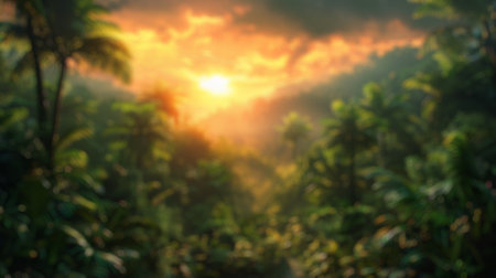 Blur background of white sunlight filtering through the mist and foliage of a dense green tropical...