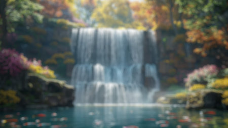 Blur background of luxurious tropical garden with waterfall and koi pond. Digital artwork of waterfall with orange fish pond.. Tranquil nature retreat concept. Design for wallpaper, poster. Spate.の写真素材