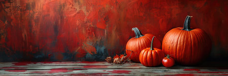 Harvest season brings vibrant pumpkins and tomatoes against warm, textured backdrop, evoking cozy autumn atmosphere.の写真素材
