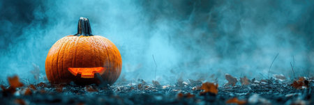 glowing pumpkin sits amidst misty landscape, evoking spooky Halloween atmosphere. vibrant orange contrasts with cool blue fog, creating eerie yet captivating scene.の写真素材