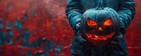 person holds carved pumpkin with glowing eyes and mischievous grin, set against vibrant red...