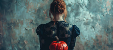 mysterious woman in black lace dress holds pumpkin, embodying spirit of Halloween. dark tones and textured background enhance eerie atmosphere.の写真素材