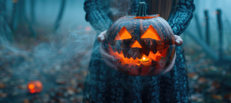 person holds carved pumpkin with spooky face, surrounded by misty forest during Halloween....