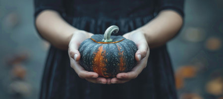 person holding dark pumpkin with orange stripes, surrounded by autumn leaves, evokes sense of seasonal change and celebration. hands gently cradle pumpkin, symbolizing warmth and tradition.の写真素材