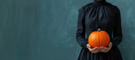 person in black dress holds bright orange pumpkin against textured green background, evoking sense of autumn and Halloween spirit.の写真素材