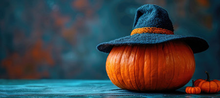 vibrant orange pumpkin wearing witchs hat sits on textured surface, evoking festive Halloween...