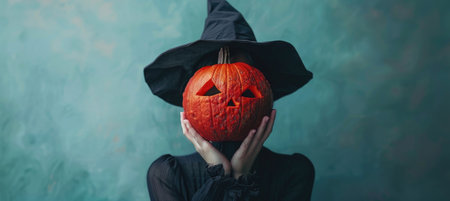 mysterious figure wearing witchs hat holds carved pumpkin in front of their face, embodying spirit of Halloween. vibrant orange contrasts beautifully with dark attire and background.の写真素材