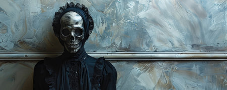 hauntingly beautiful skull figure dressed in dark vintage gown stands against textured wall, evoking sense of eerie elegance and mystery.の写真素材