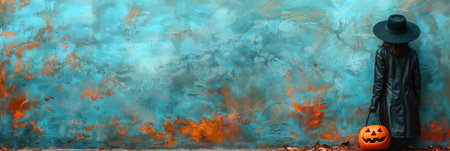 mysterious figure in black coat and hat stands against vibrant blue and orange wall, holding carved...