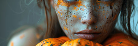 close up portrait of person with orange and black paint on their face, evoking Halloween theme. expression is intense and captivating, highlighting artistic makeup.の写真素材