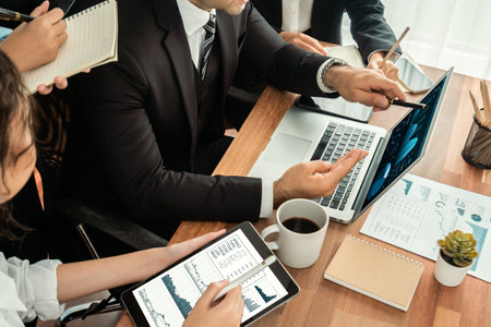 Financial data analysis dashboard by Fintech BI or business intelligence display on laptop and tablet to in-depth financial data analysis by business people planning on marketing. Habilimentの写真素材