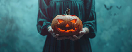 person holds carved pumpkin with spooky face, embodying Halloween spirit. dark background enhances...