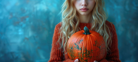 young woman with long, wavy hair holds pumpkin in front of her, wearing cozy sweater. background features soft blue hue, enhancing autumnal feel of scene.の写真素材