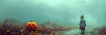child stands on misty path, gazing at carved pumpkin, evoking sense of mystery and Halloween spirit. eerie atmosphere enhances seasonal charm.の写真素材