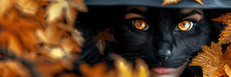mysterious figure with striking orange eyes peers through autumn leaves, blending essence of cat and...