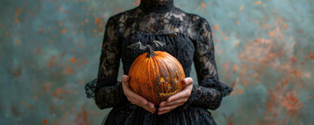 woman in black lace dress holds carved pumpkin with bat on top, embodying spirit of Halloween....