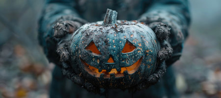 person holds spooky, carved pumpkin with glowing face, surrounded by misty, autumnal setting. pumpkin is covered in dirt, enhancing eerie Halloween atmosphere.の写真素材