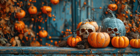 vibrant Halloween scene featuring pumpkins, skulls, and pinecones against rustic blue backdrop. warm autumn colors evoke festive and spooky atmosphere.の写真素材