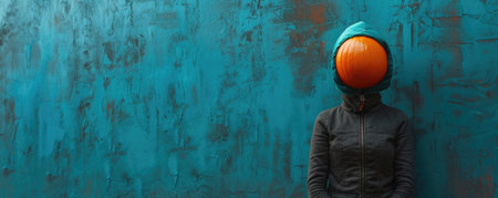 person with pumpkin for head sits against vibrant turquoise wall, creating surreal and playful Halloween atmosphere. contrast between pumpkin and background adds unique artistic touch.の写真素材