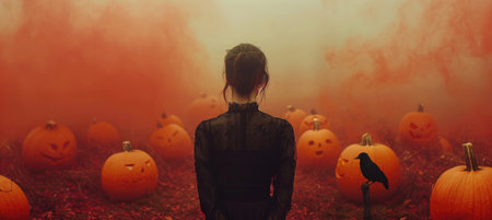 mysterious figure stands amidst foggy pumpkin patch, surrounded by carved jack o lanterns. eerie atmosphere evokes sense of Halloween magic and intrigue.の写真素材